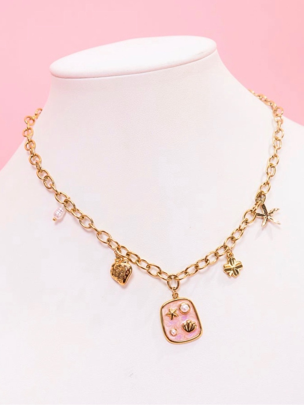 18” Gold Charm Necklace with Pink Enamel Pendant